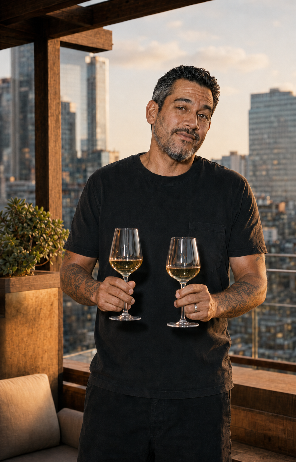 A man holding a glass of wine in each hand, dressed up for date night