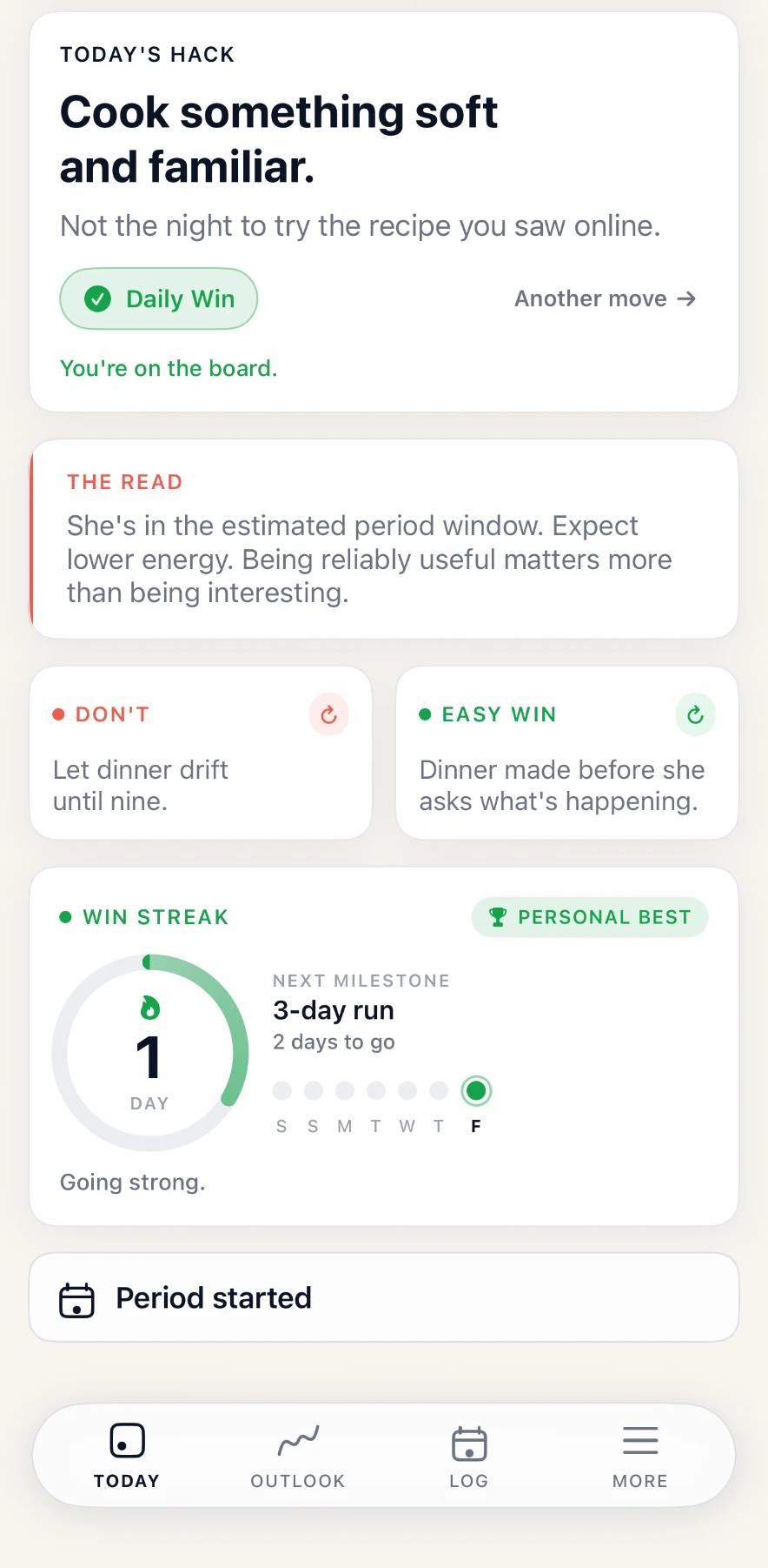 WifeHack screen showing Today's Hack, an Easy Win, a Don't and a smart notification