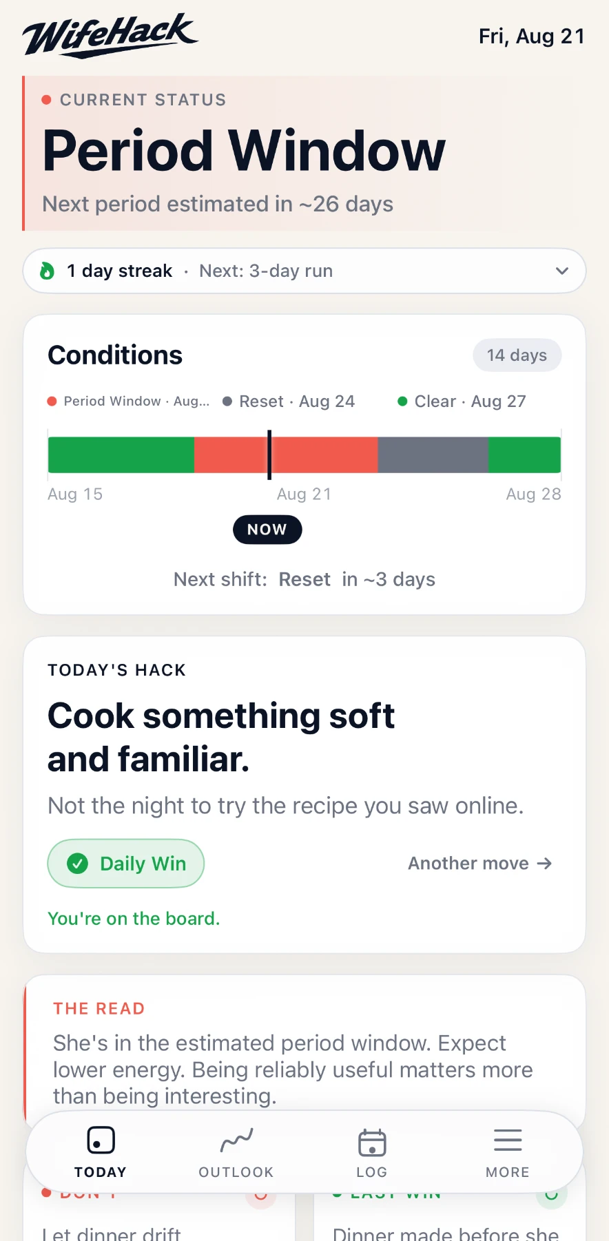 WifeHack Today screen showing the current planning condition, a conditions ribbon and Today's Hack